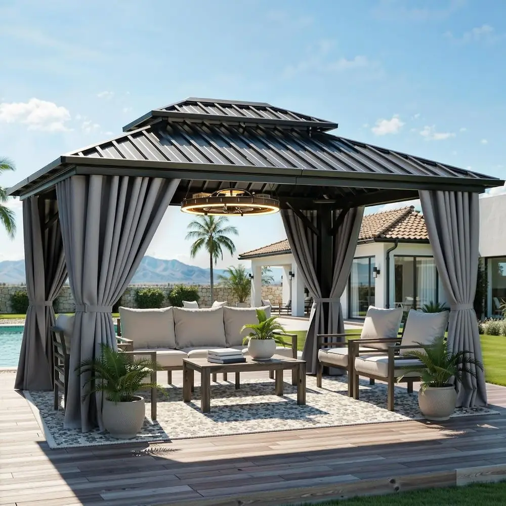 

10X12T Hard Top Gazebo e Patios Double Roo Garden Metal Gazebo Tent Curtains Netting or Patios Backyards Decks Lawns, Gray