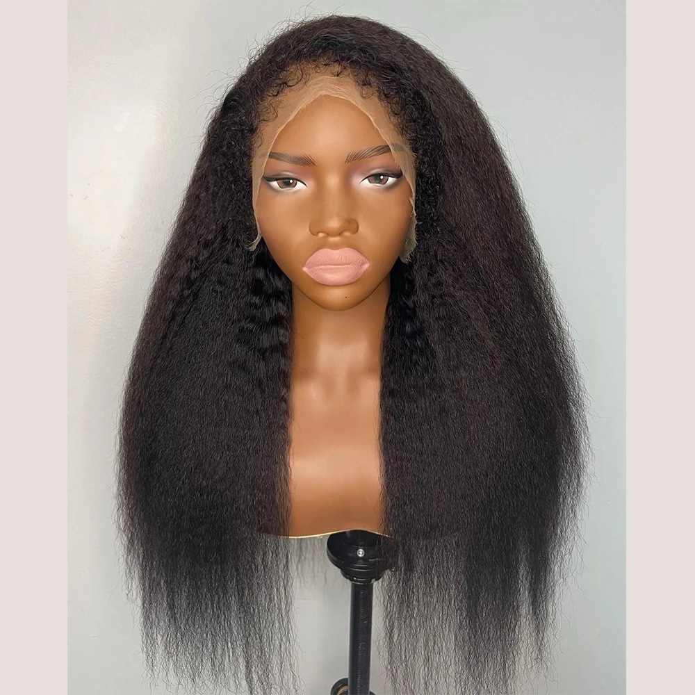 Natural Black Soft 28 inch 200% Density Long Yaki Kinky Straight Lace Front Wig For Women With Baby Hair Preplucked Glueless