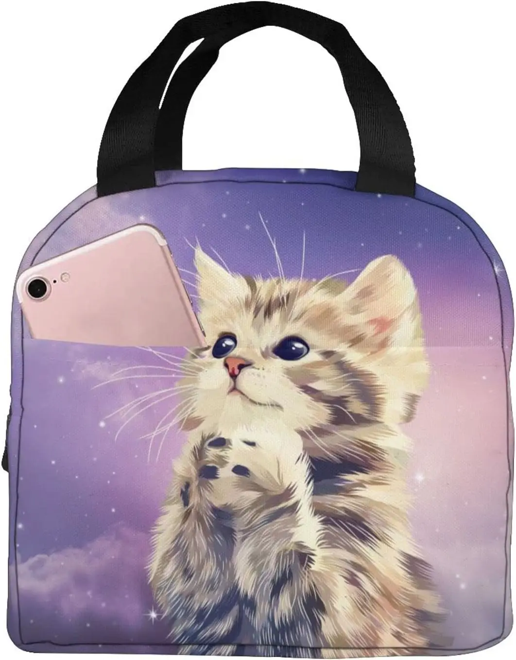 Galaxy Cat Lunch Bag Portable Insulated Lunch Box Reusable Cooler Thermal Meal Tote for Women Work Picnic Beach