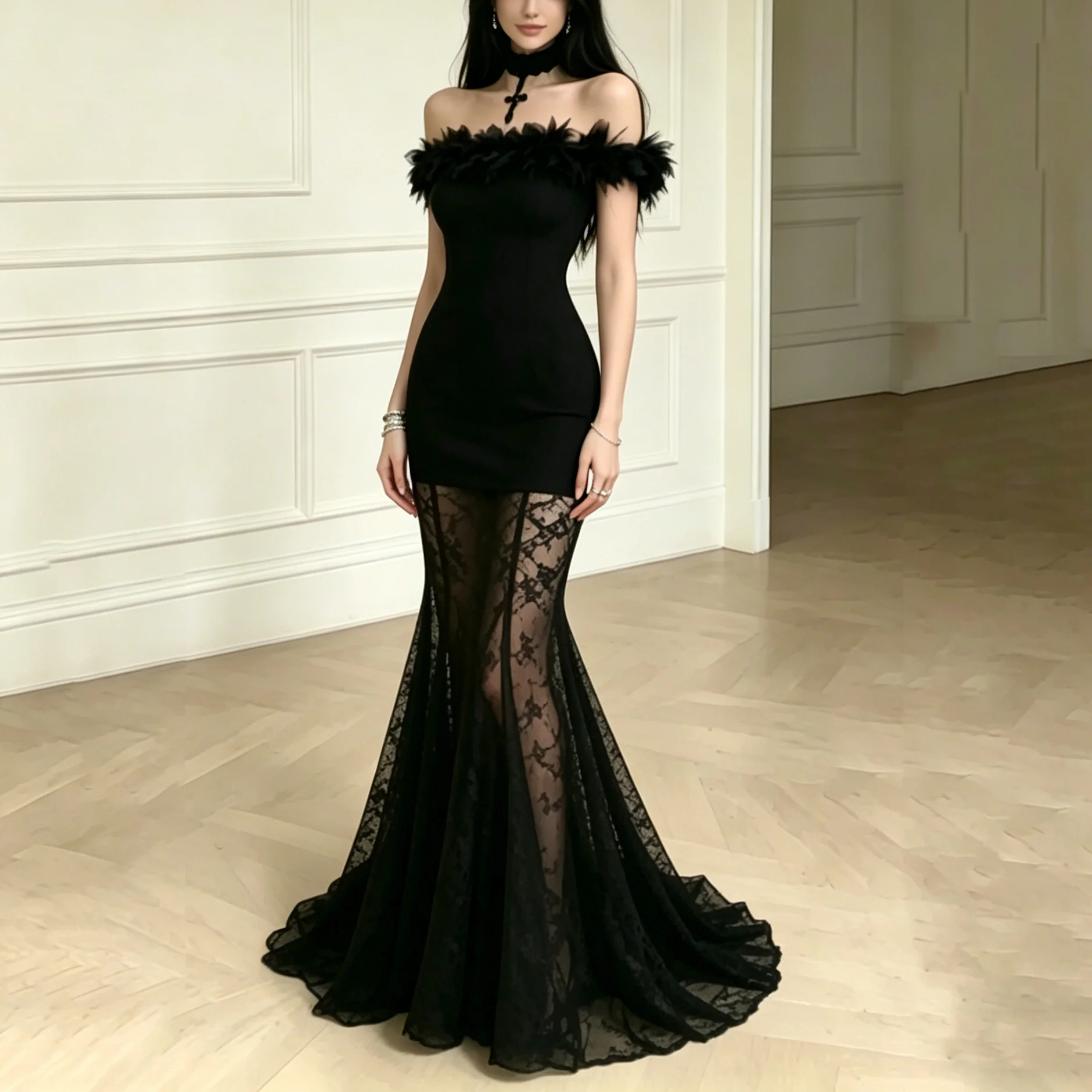 

CiCi Mini Mermaid Dress Women Sheer Lace Mesh High Waist Slim Fit Spring Summer Party Banquet Evening Formal Long Gown