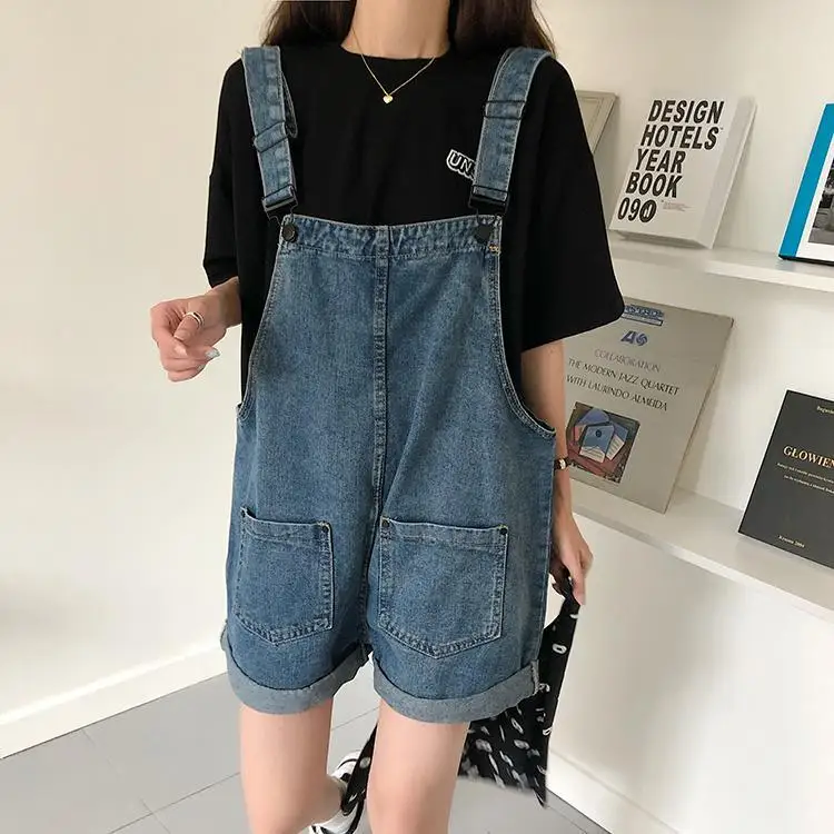 Overol de Mezclilla para Mujer, Plones Cortos Casus de Cintura Alta y Pierna Ancha, Primavera Verano, Tela de Jeans Az...