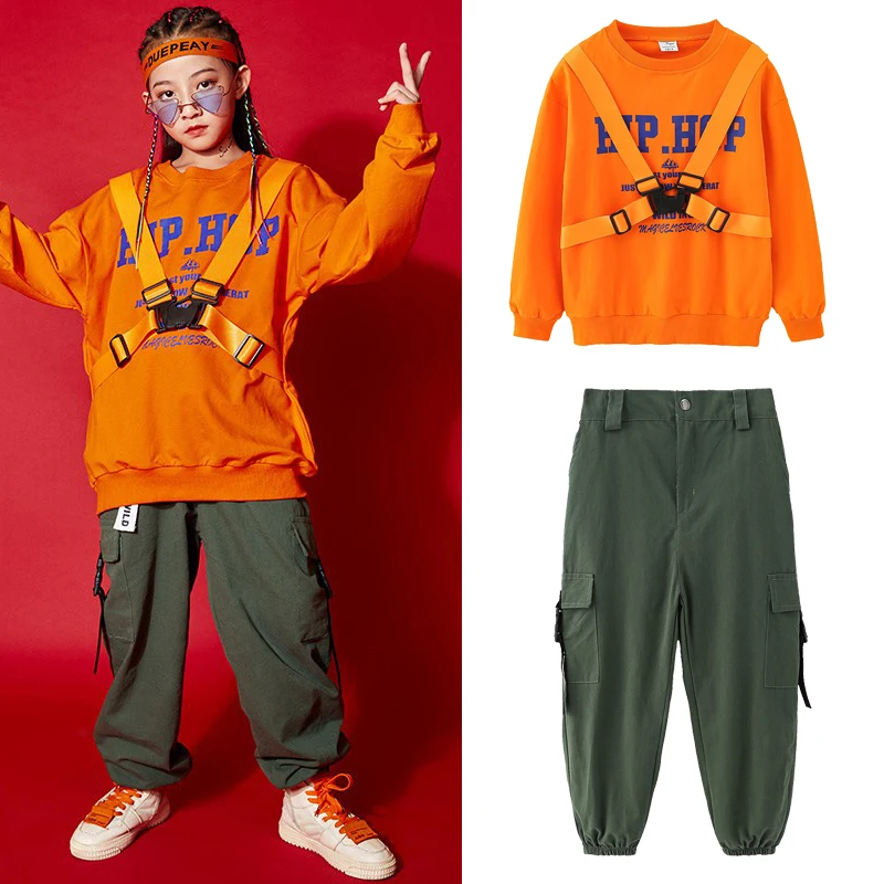 

Kids Clothing Orange Shirts Cargo Pants Suit For Girls Jazz Dance Costumes Streetwear Children Hip Hop Dance Clothes DQS14716