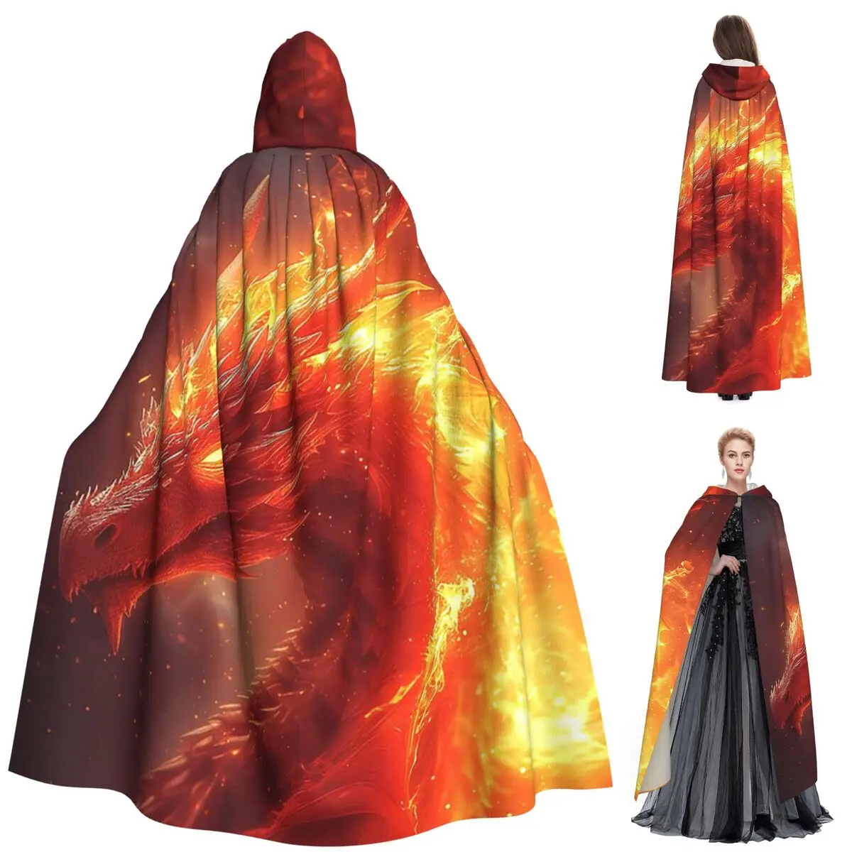 

Dragon In The Fire Long Hooded Cloak Witch Medieval Costume Cosplay Cape