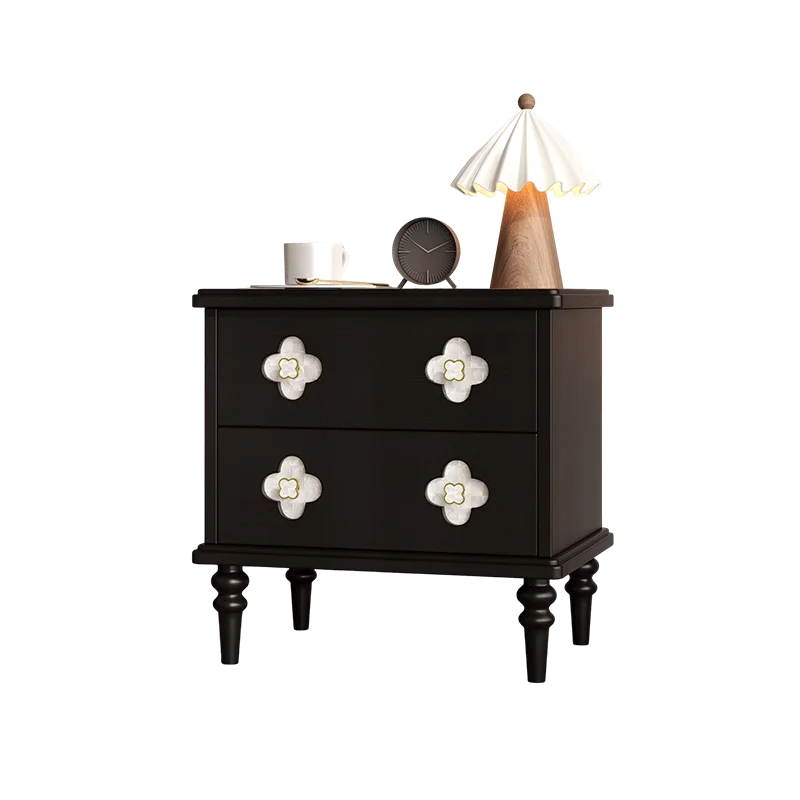 French Vintage Nightstand Solid Wood Bedside Table with Storage Mid-Century Modern Black End Table Compact Bedroom Cabinet