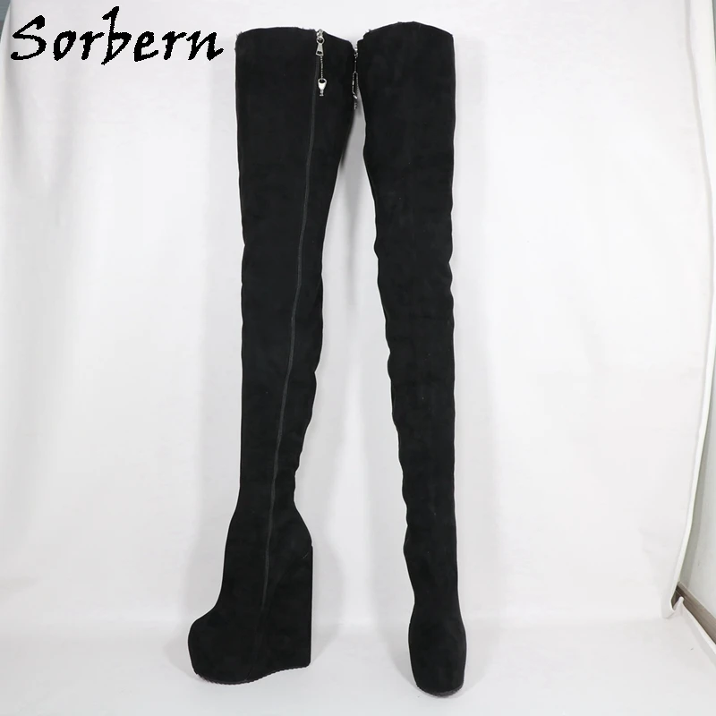 Sorbern Thick Plush For Winter Boots Crotch Thigh High 22Cm Wedge High Heels Lockable Zipper Hidden Platform Custom Leg Size