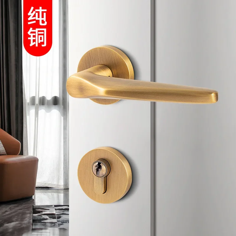 American style door lock, all copper bedroom, magnetic and silent, modern and minimalist wooden door, pure copper room door lock