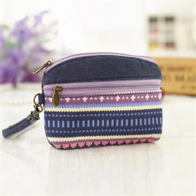 Porte-monnaie en tissu de coton ethnique pour femmes, pochette, porte-cartes, portefeuille pour enfants, double fermeture éclair, porte-monnaie