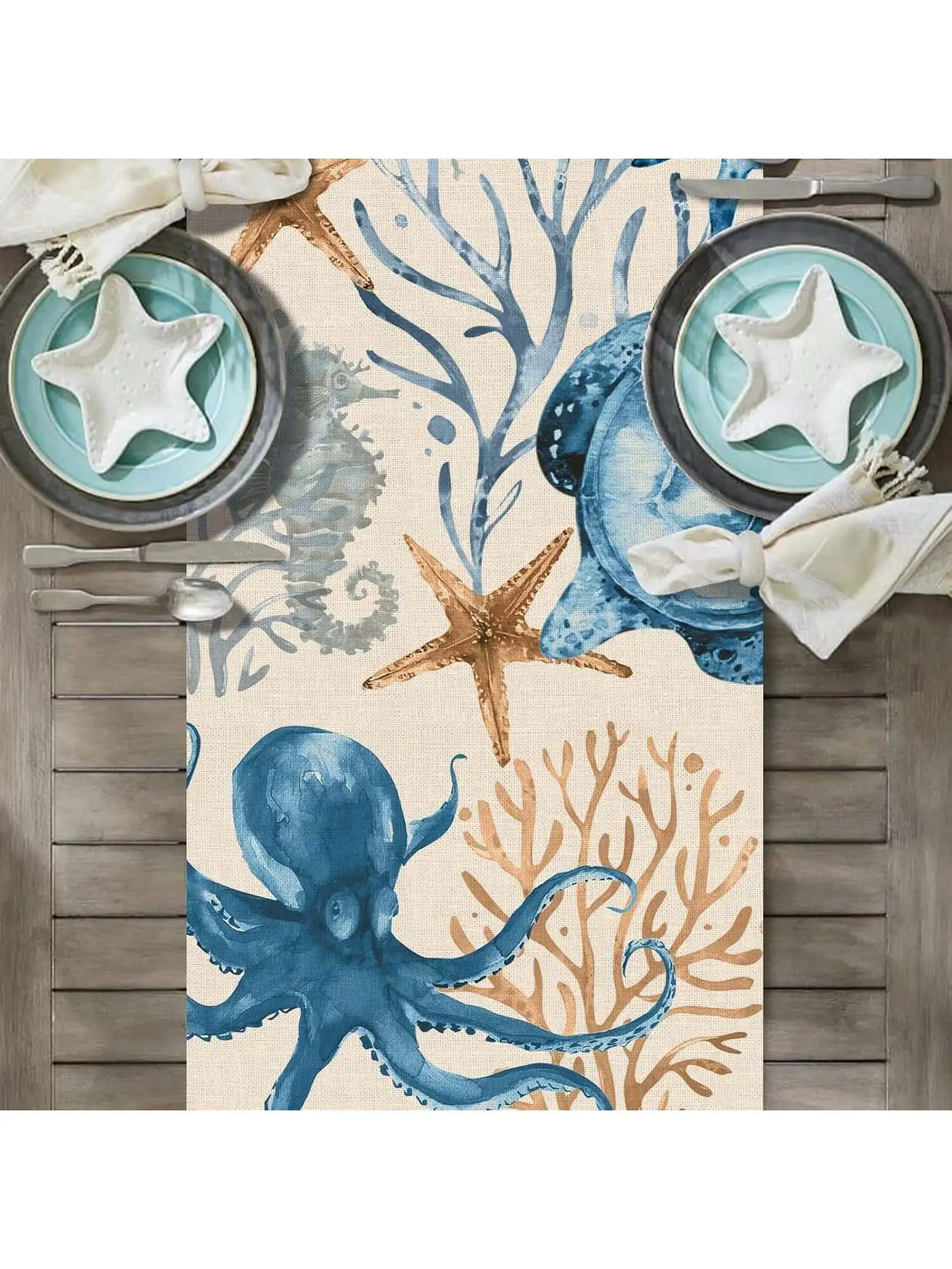 قطعة واحدة من مفرش طاولة على شكل سلحفاة، ديكور بحافة صيفية باللون الأزرق والأخضر المحيط، ديكور حفلات المنزل الداخلي والخارجي في المطبخ #2