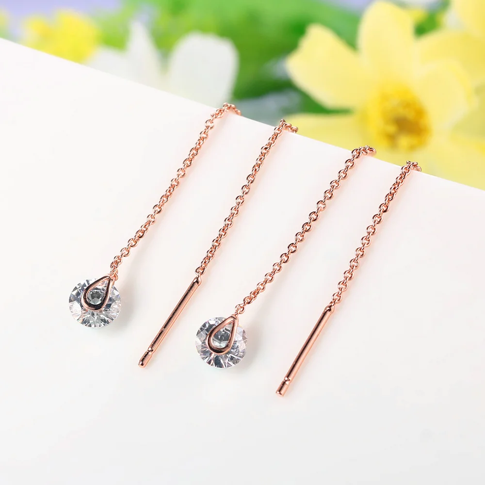 Long Hanging Drop Line Earrings For Women Rose Gold Color Zircon Crystal Piercing Threader Earing Ear Accessories Jewelry