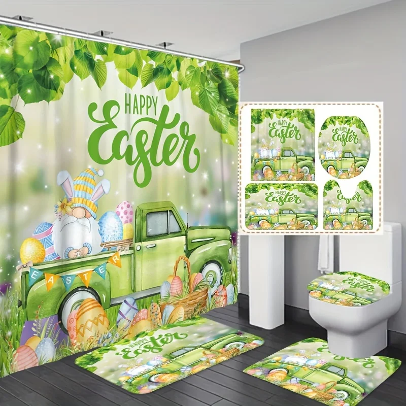 1/3/4pcs Green Car Gnome Pattern Set, Waterproof Shower Curtain With Hooks, U-shaped , Toilet Cover Mat, Non-s