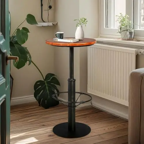 

Adjustable Height Industrial-Style Round Bar Table With Wood Top And Metal Base, 42 Inch For Kitchen, Bistro Or Coffee Shop Use
