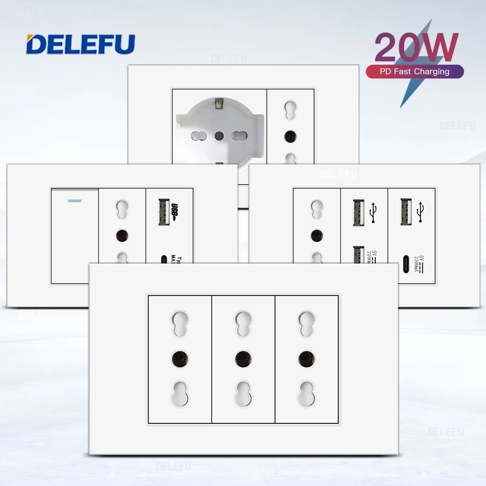 DELEFU Flame Retardant SC31 Panel 4*2 White Italian Standard USB Type C Fast Charging Wall Socket Switch TV Phone CAT5 CAT6