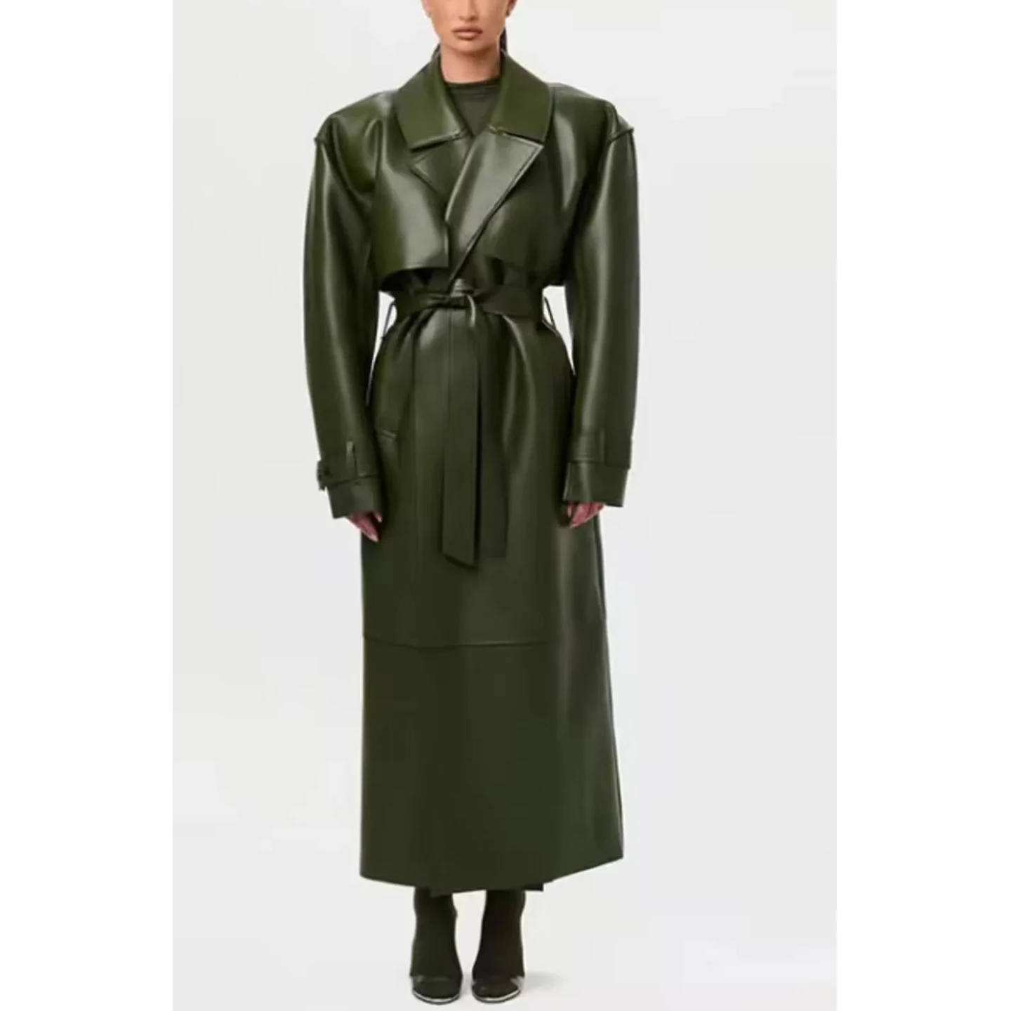 Cappotto longuette con cintura e nodo antigraffio in pelle PU lunga da donna nuova invernale Jaet Commute Sle in fibra di poliestere