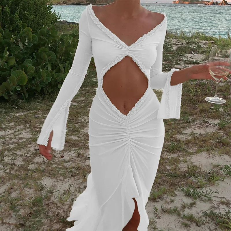 Nibber maille Robe concise femmes classique vacances Style à manches longues découpé froncé Robe asymétrique femme tenue élégante