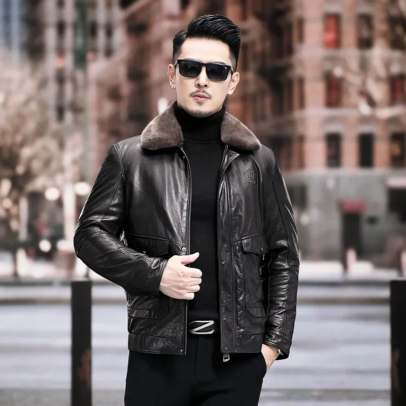 

Genuine Leather Men's Pure Cowhide Coats Men Lambs Wool Linner Leather Coat Male Mink Fur Collar Winter Jackets 2022 New Abrigos