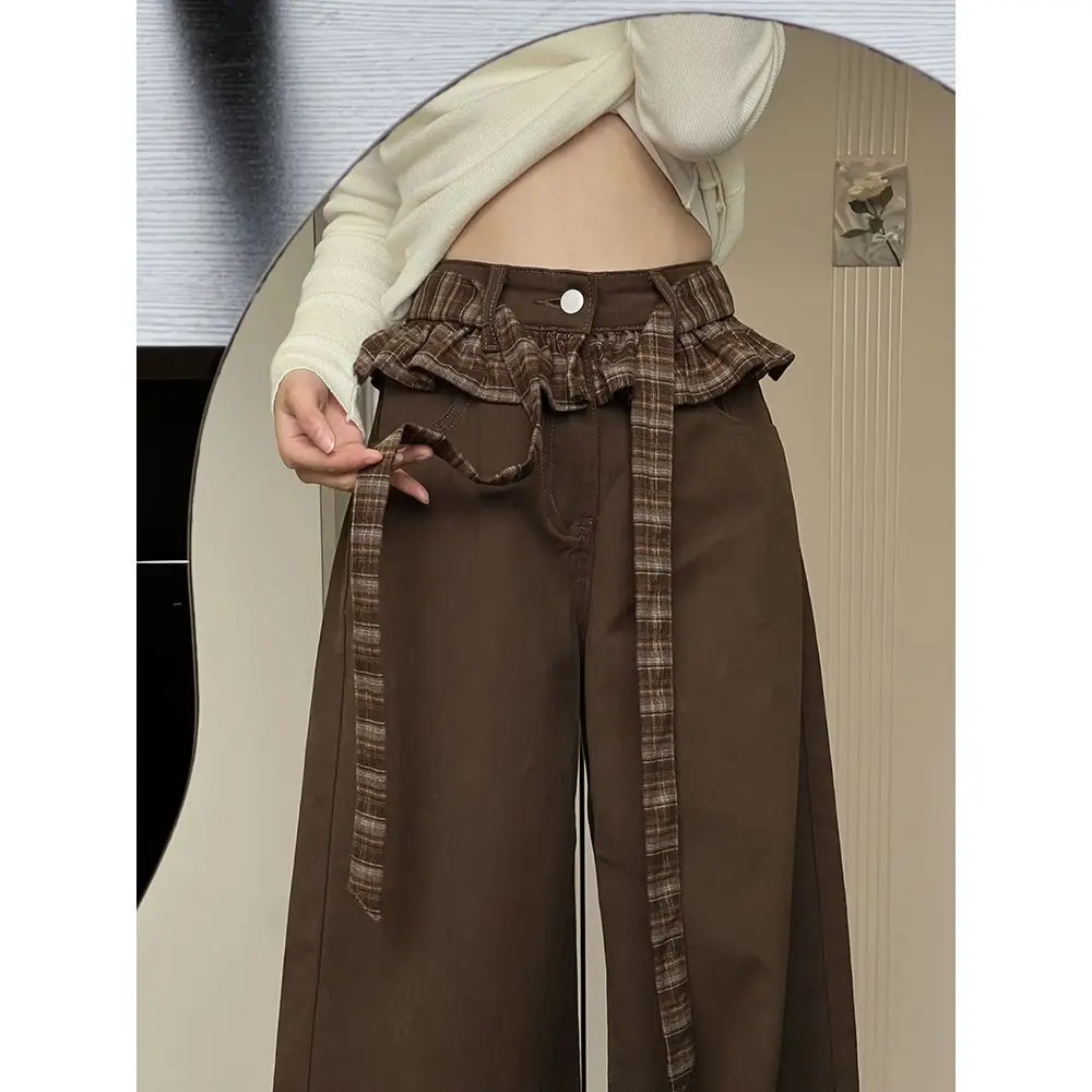 

Japan Plus Length Brown Lace Plaid Jeans For Women Summer Loose Slimming Drape Floor-Length Wide-Leg Pants