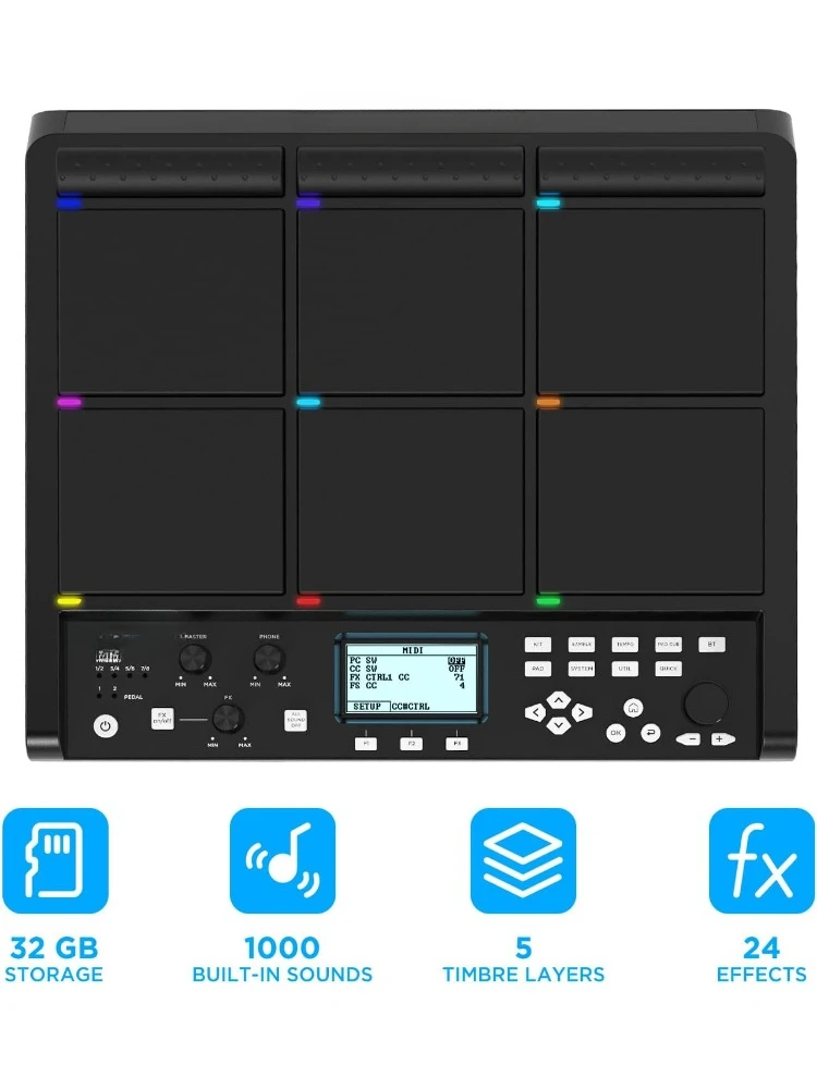 PD708 Sample Pad With 9 Velocity Sensitive Drum Pads, 1000+ Built-in Sounds, 32 GB Storage, Onboard FX, Customizable LEDs