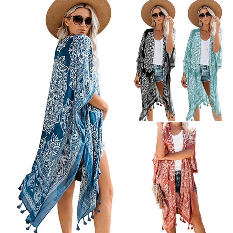 

2024 European and American seaside vacation print tassel cover up casual medium length loose beach cardigan jacket for women