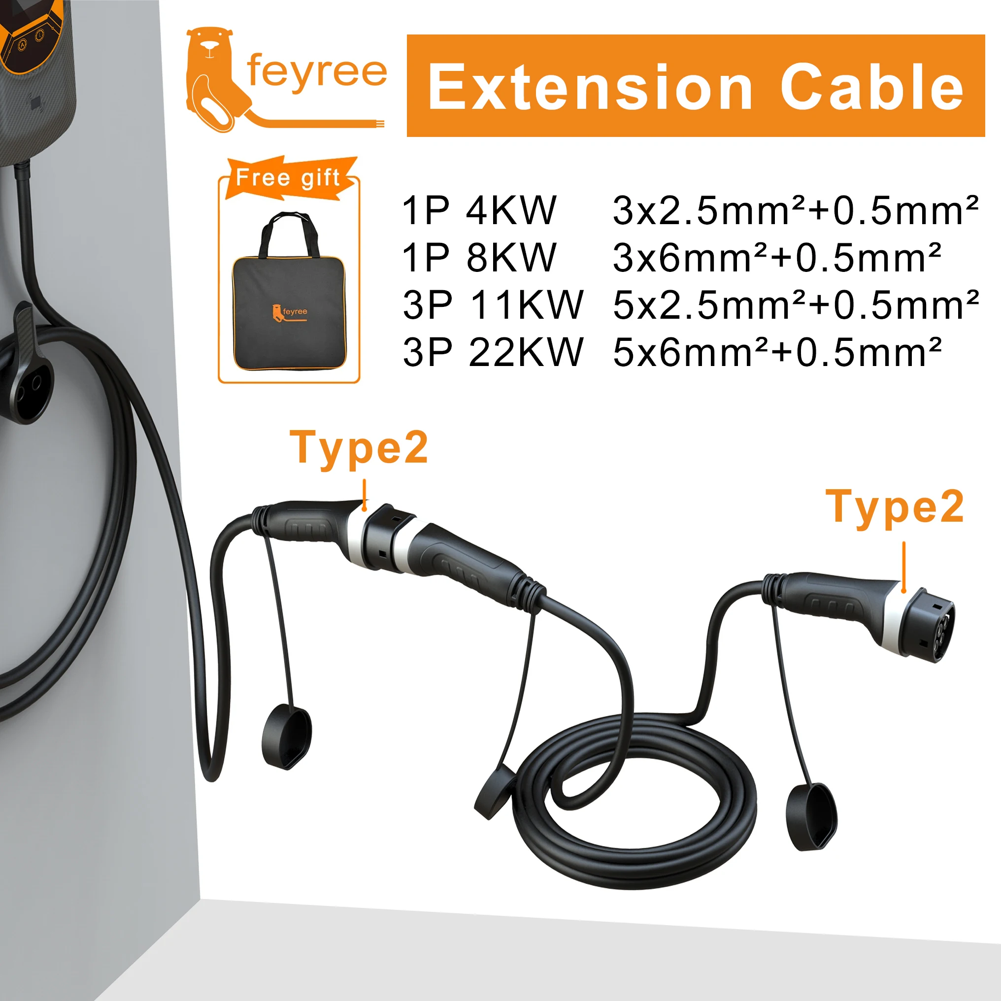 feyree EV 充電ケーブル 16A/32A 4kW/8kW/11kW/22kW 電気自動車コード