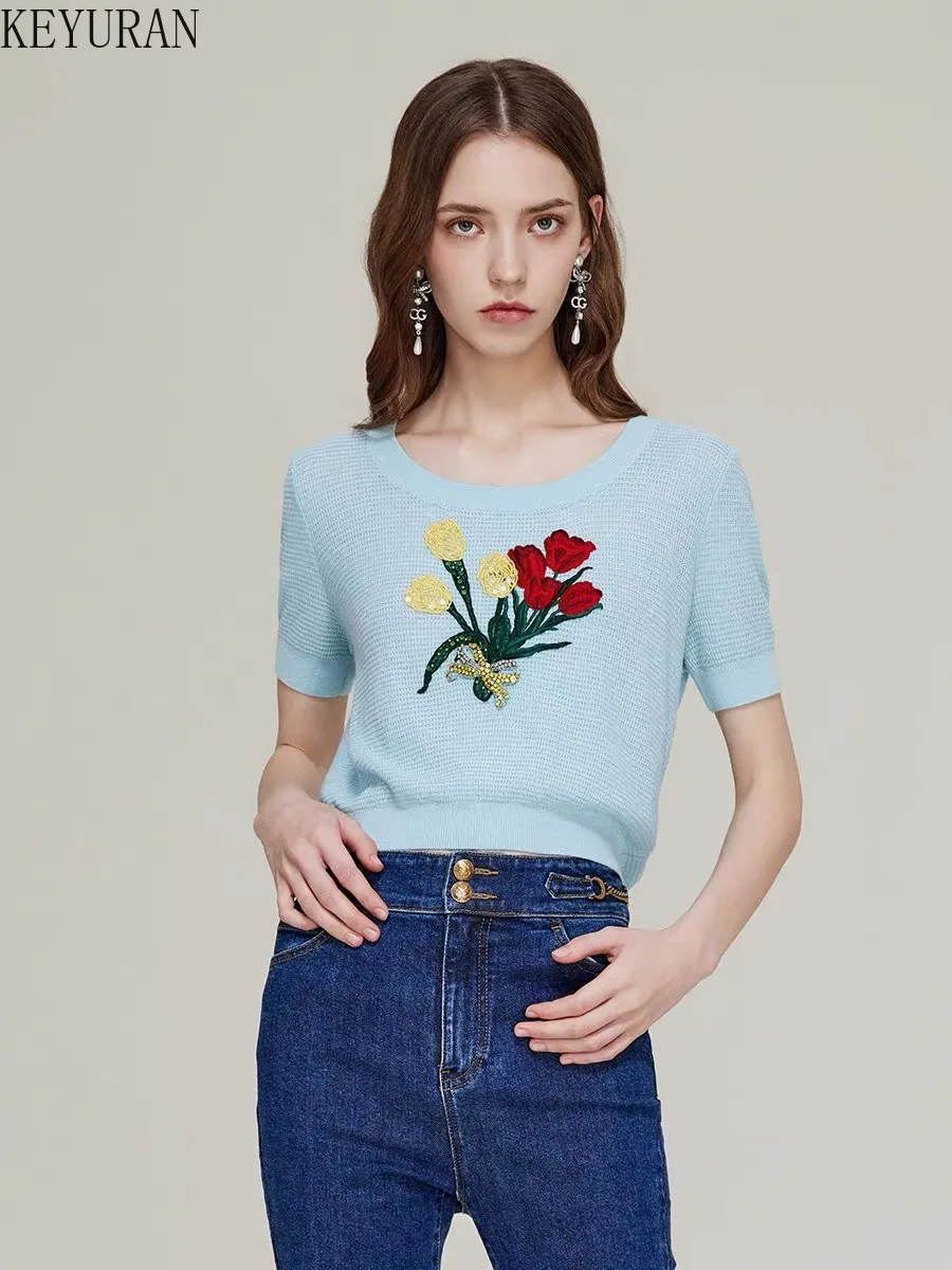 2024 Summer Flower Embroidery Sequin Short Sleeve Sweate Women Knit T-shirt Vintage Fashin O-Neck Knitwear Crop Top Female Tees