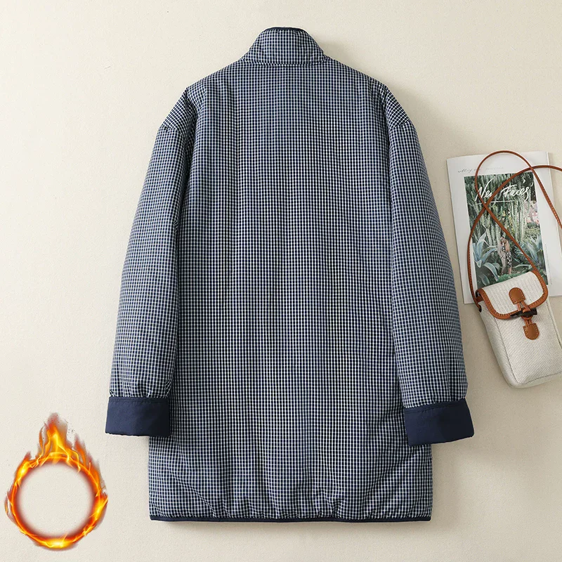 Women's Blue Retro Checkered Coat Autumn Winter Korean Style Loose Medium to Long Single Row Buttons Outerwear j2246