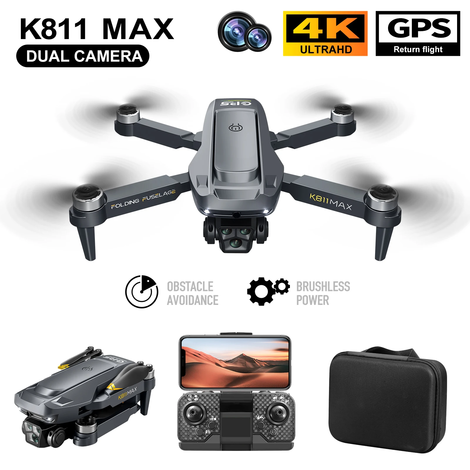 Cámara HD 4K para drones sin escobillas K811MAX |   Posicionamiento GPS, Evitación de obstáculos |   90 °   Ajuste remoto |   Retorno automático (batería baja con una sola tecla)