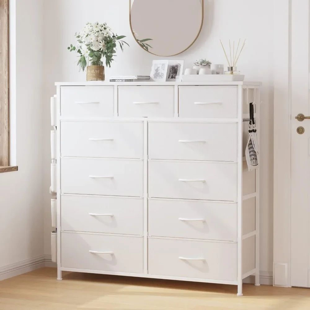 XMSJ Dresser with 11 Drawers, Dresser and Chest of Drawers with Side Pockets, Hooks, Fabric Storage Drawers