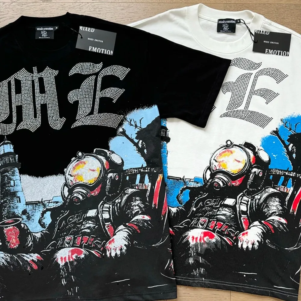 

2025 Men Couple style T-shirt Fashion American High Street Astronaut Print Top Quality Hot Drill MIXED EMOTION Tees Short Sleeve