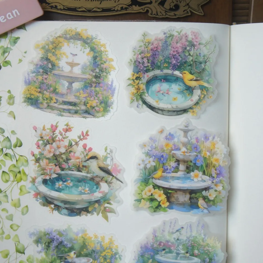 10pcs Fountain and Small Pond in The Garden Style PVC Sticker Scrapbooking DIY Gift Decoration Tag