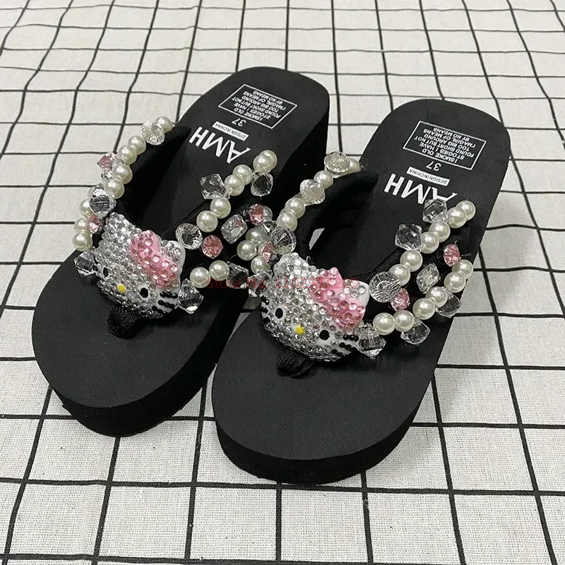 Sanrio Y2k Hello Kitty Soft Flip Flop Sandals Beach Slides Shoes Women Cute Casual High Platform Slipper Ladies Summer Slippers