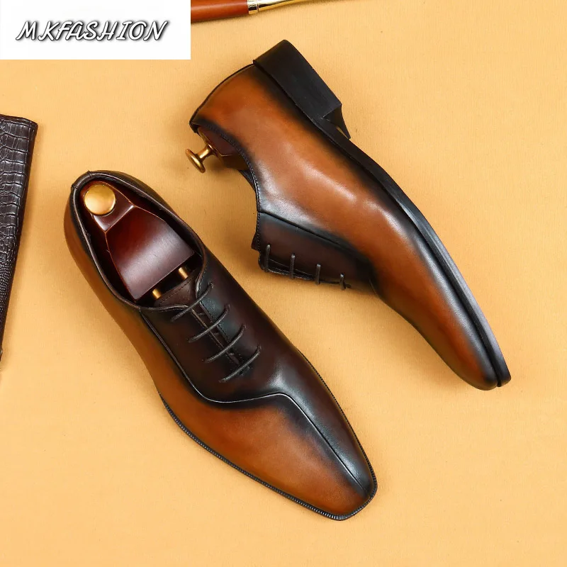 Men's Business Dress Genuine Leather Oxford Shoes Square Toe Lace Up Flats Wedding Party Footwear