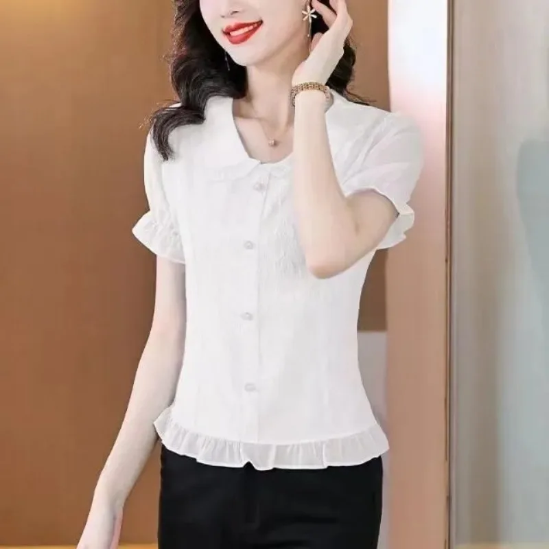 

Women's White Ruffle Trim Blouse Short Sleeve Peter Pan Collar Button Down Slim Fit Casual Top
