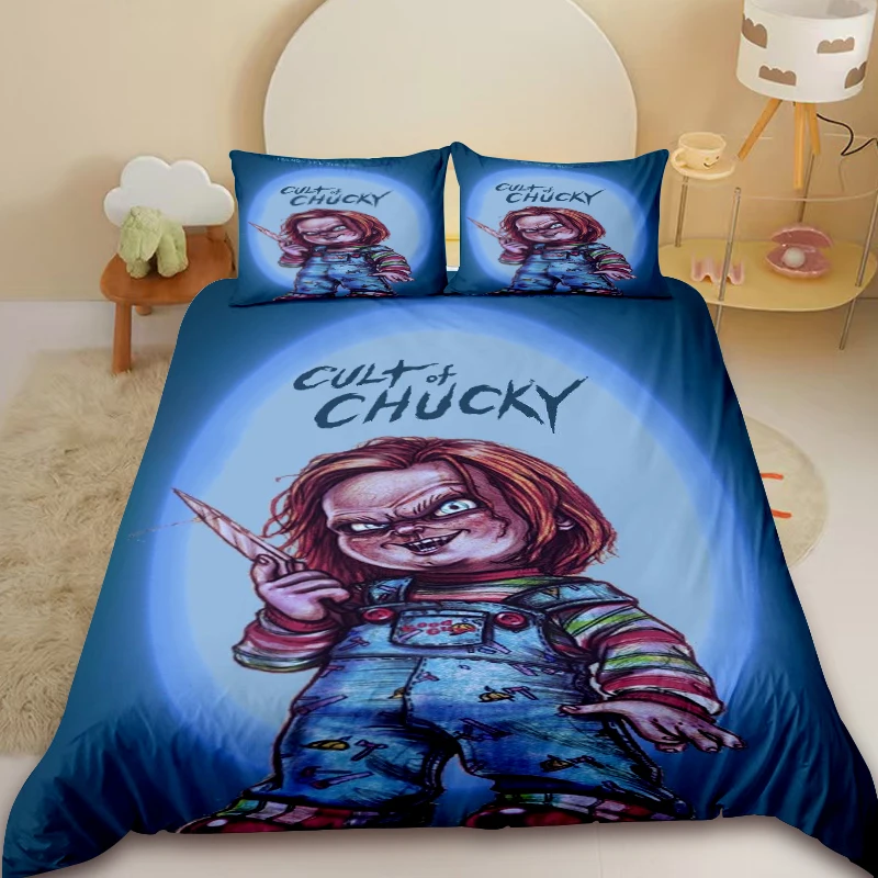 

Chucky from the horror movie Saw themed bedding set, including duvet cover and pillowcases, available in extra-large large size