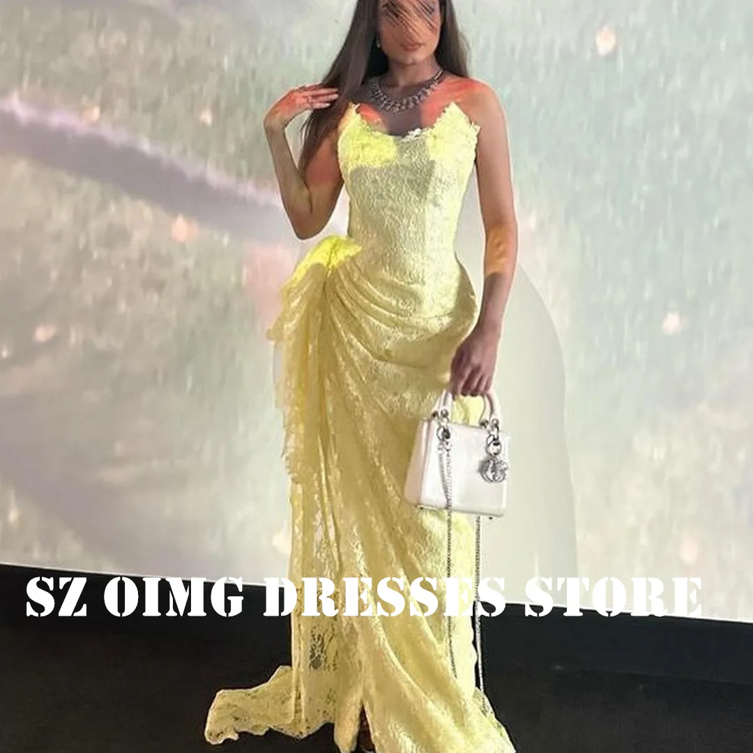 OIMG New Design Sleeveless Spaghetti Straps Prom Dresses Saudi Arabic Women Yellow Lace Ruched Evening Gowns Formal Party Dress