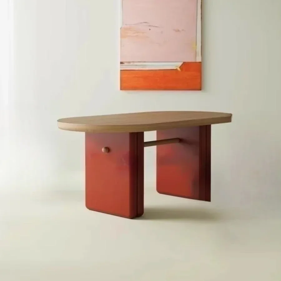 Nordic medieval dining table solid wood oval cream style small apartment paint dining table