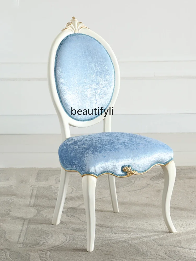 

ss7304 Pastoral Style European-Style Household Restaurant Solid Wood Chair Vintage Engraving Fabric Dining Chair Combination