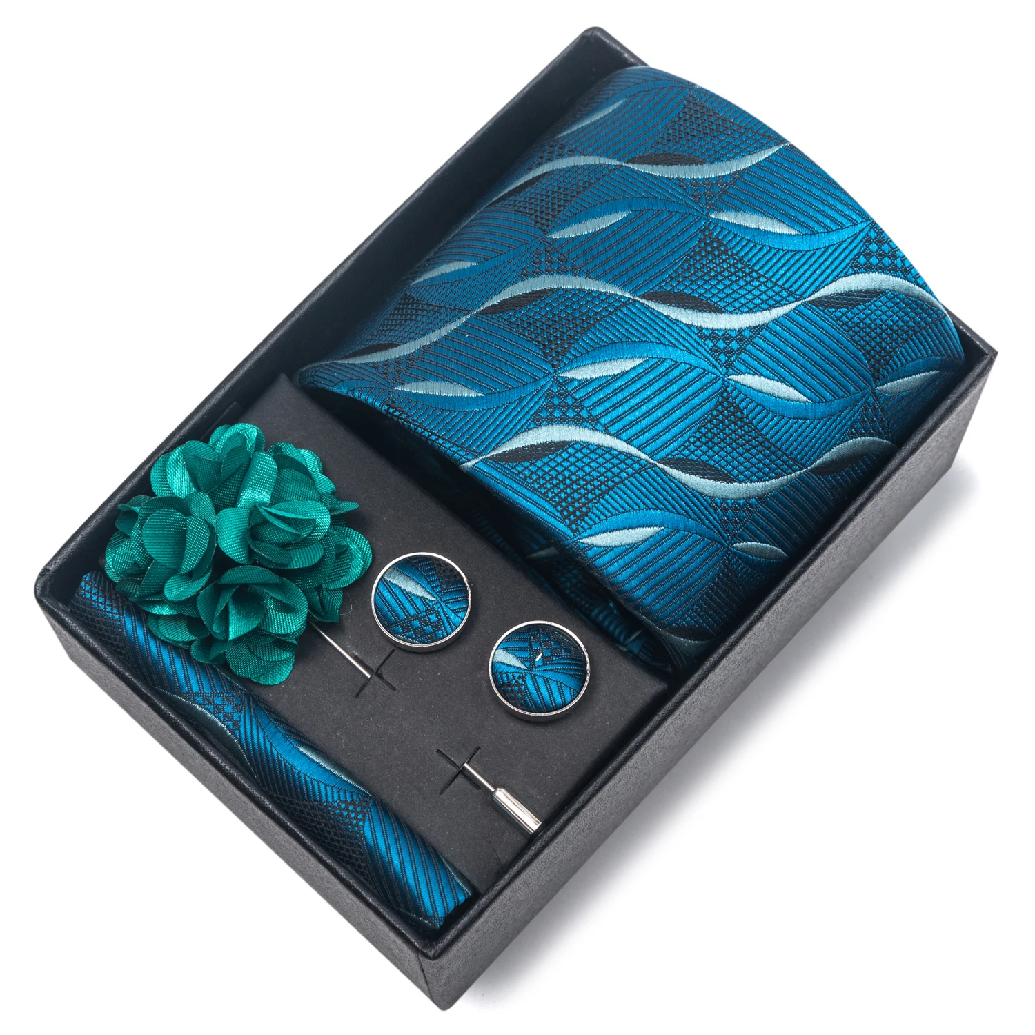 2025 Neue Design Marke 8 cm Blau Gestreifte Krawatte Taschentuch Manschettenknopf Brosche Set Mann Geschenk Box Hochzeit Geschenk Fit formelle Party – Detail 24