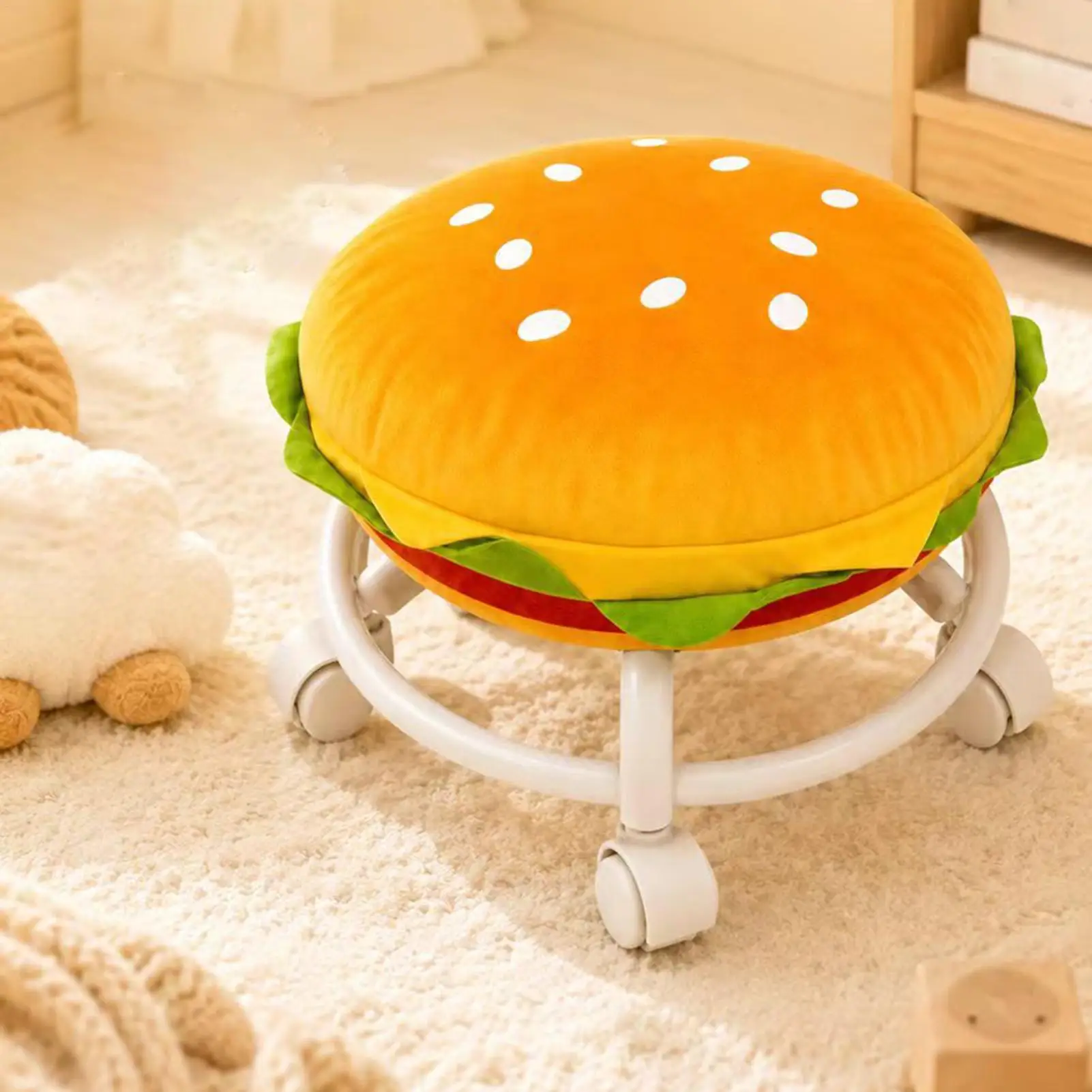 Stool With Wheels Soft Cute Comfortable Hamburger Decorative Bench Small Stools To Sit On For Home Bedroom Playroom Kids Room