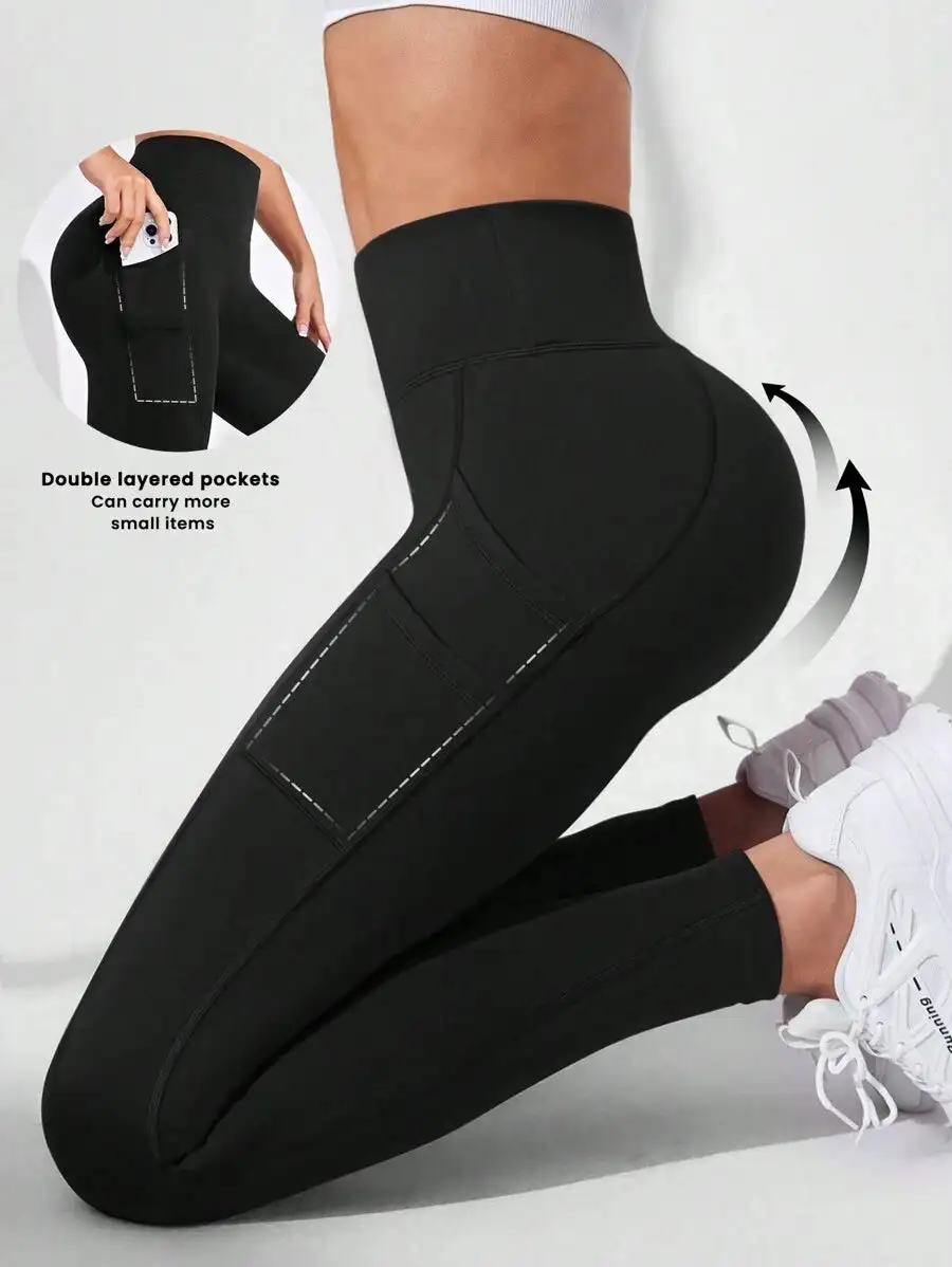 Women's High-Waist Hip Lift Solid Color Pocket Yoga Leggings slim-fit Stretch Leggings, Comfortable and Breathable fitness pants