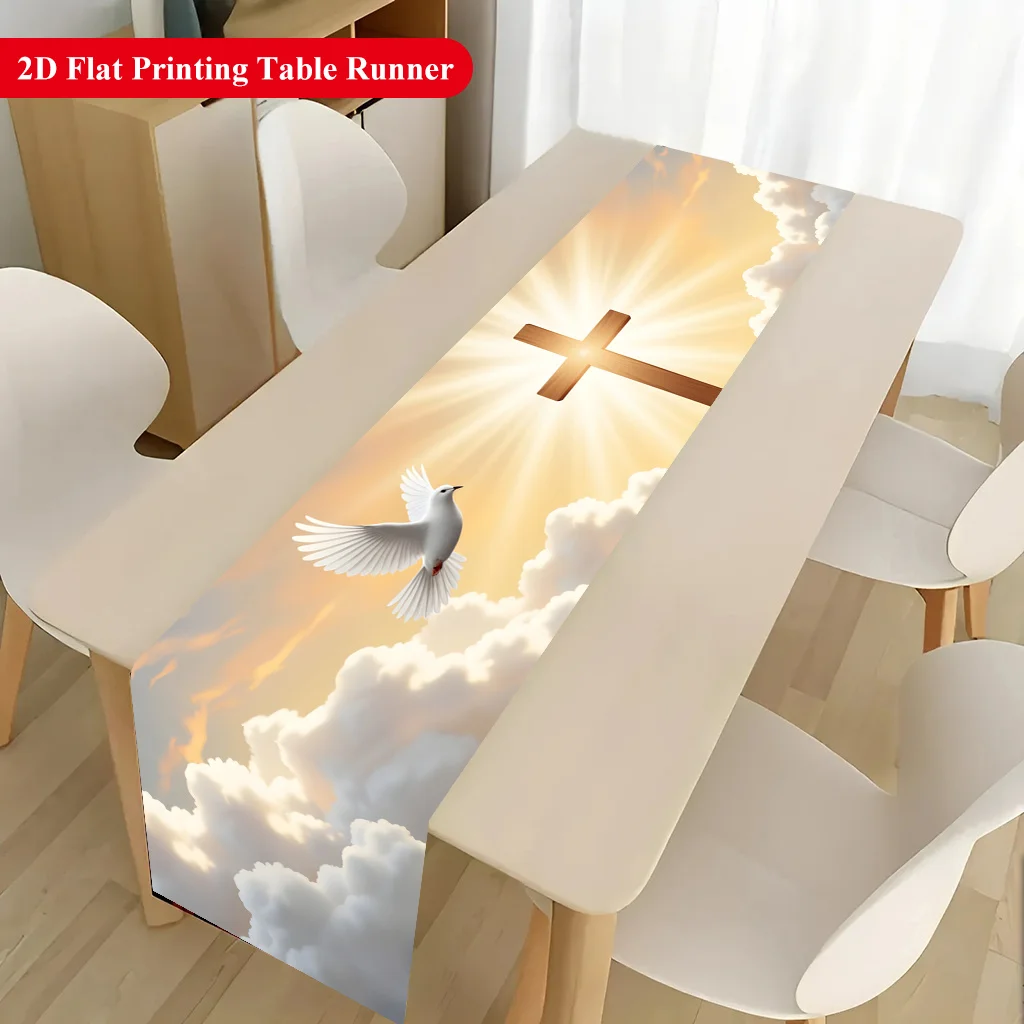 White Dove & Radiant Cross Table Runner - Rectangular Table Cover for Banquet, Party Gifts, Dining Room & Coffee Table Decor