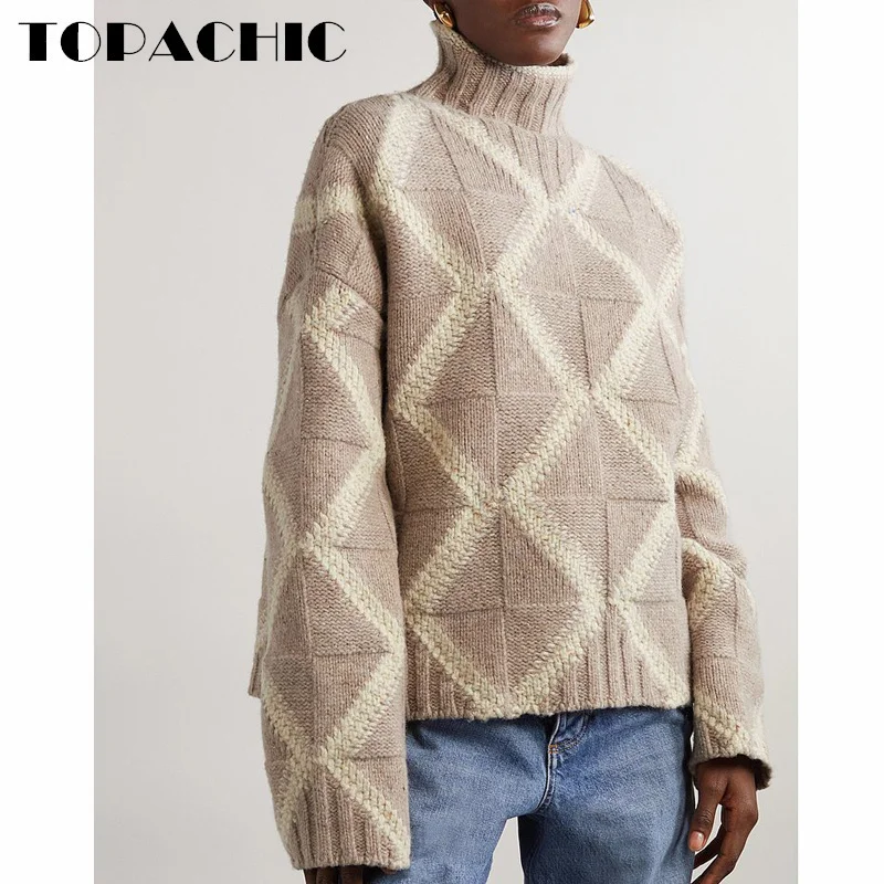 

7.23 TOPACHCI Classic Contrast Color Argyle Plaid Jacquard Weave Pullover Jumpers Turtleneck 100% Cashmere Knit Sweater