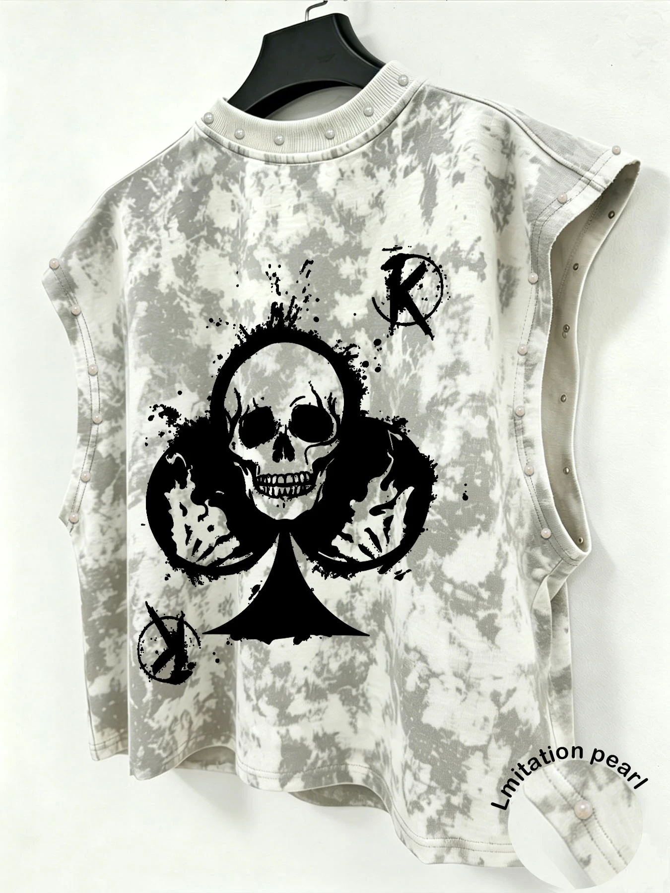 Men Tie Dye Sleeveless Tank Top, Skull Spade K Print Imitation Pearl Punk Vest, Grunge Street Waistcoat Mens Tank Top