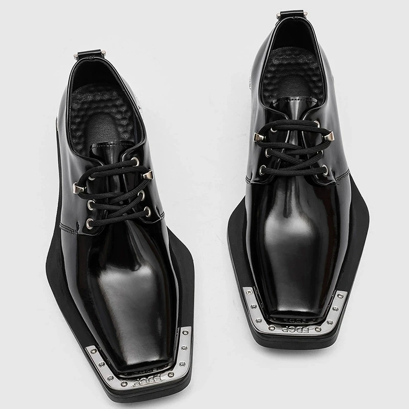

Metal Square Toe Derby Shoes Fashionable Thick Soled Lace Up Design Upturned Toe Thick Heel Trendy Men's Casual Leather Shoes