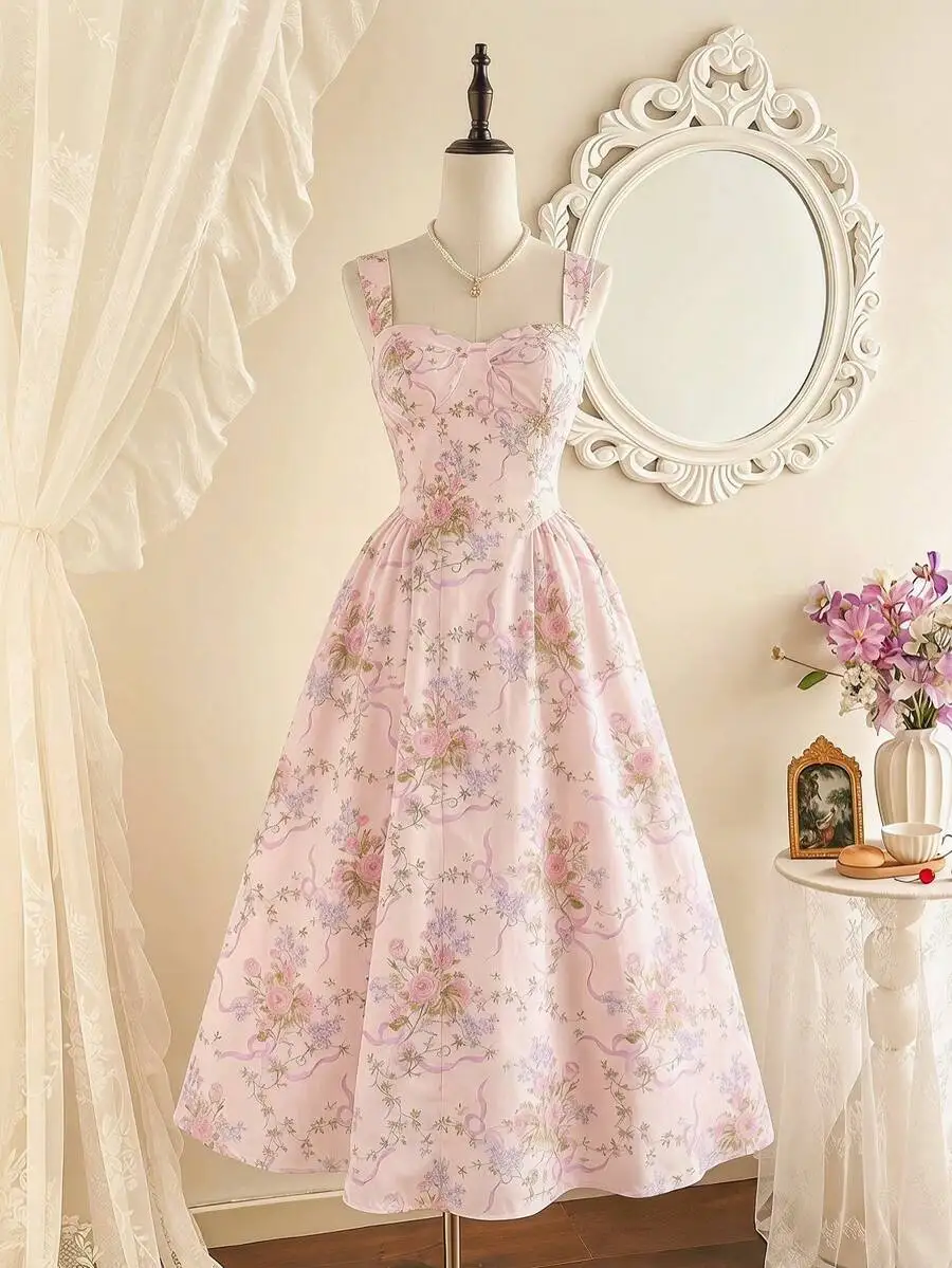 Vestido de fiesta vintage floral rosa con bolsillos, escote corazón, corte A, para graduación, invitada de boda, atuendo de primavera