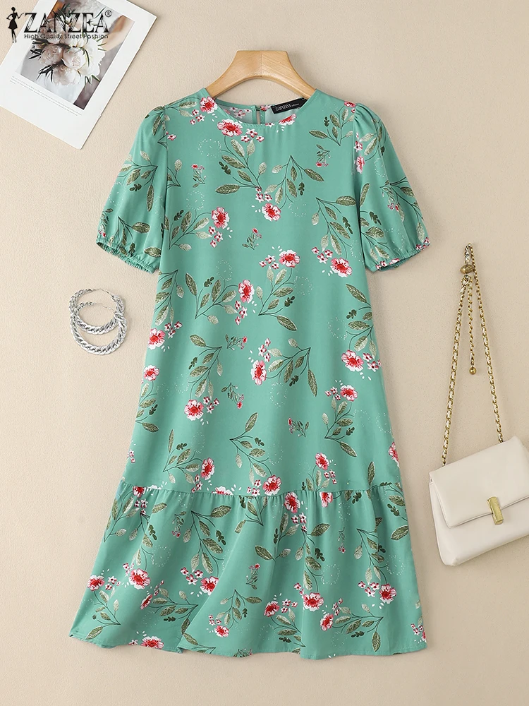 

ZANZEA 2025 Women Floral Print Knee-Length Dresses Summer O-Neck Short Puff Sleeve Ruffled Hem Dress Everyday Wear 4 Colors