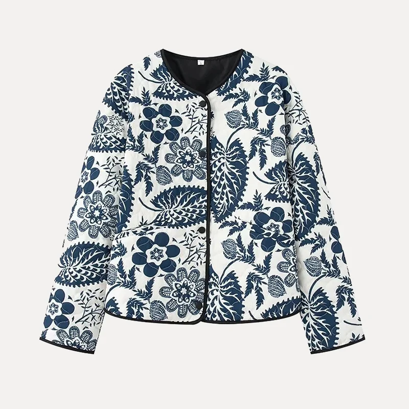 

Ele Versatile Retro Print Long Sve Cotton Jaet Street Sle Loose Fit round Ne Single Button Closure Spring 2025