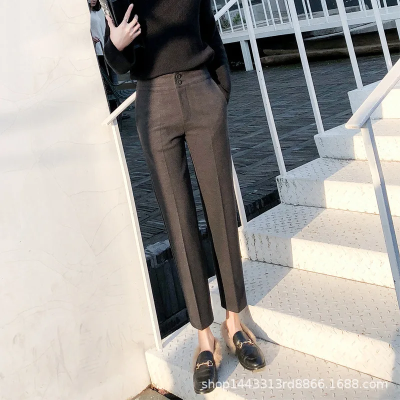 Woolen Pants Women's Autumn and Winter High Waist Ankle-Length Slim-Fit Pants 2020 New Straight Cigarette Pants Thickened Woolen