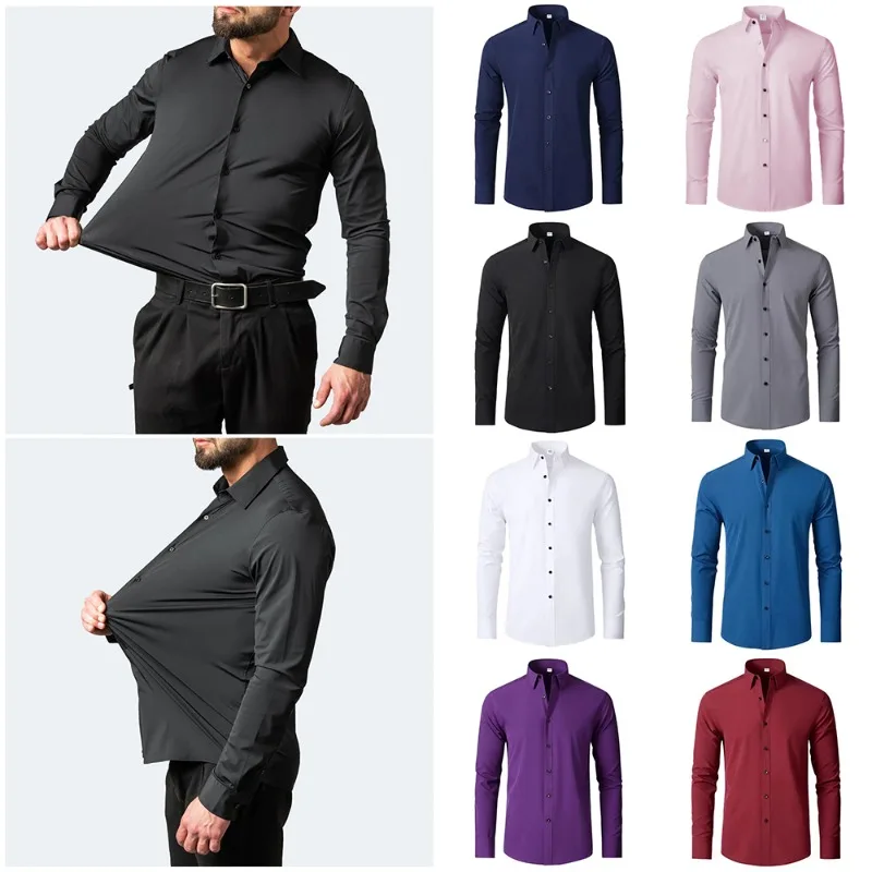 

Men's High Elasticity Iron-free Long-sleeved Shirt Fashion Casual Slim Shirt Solid Color Business Work Formal Dress Shirts M-3XL