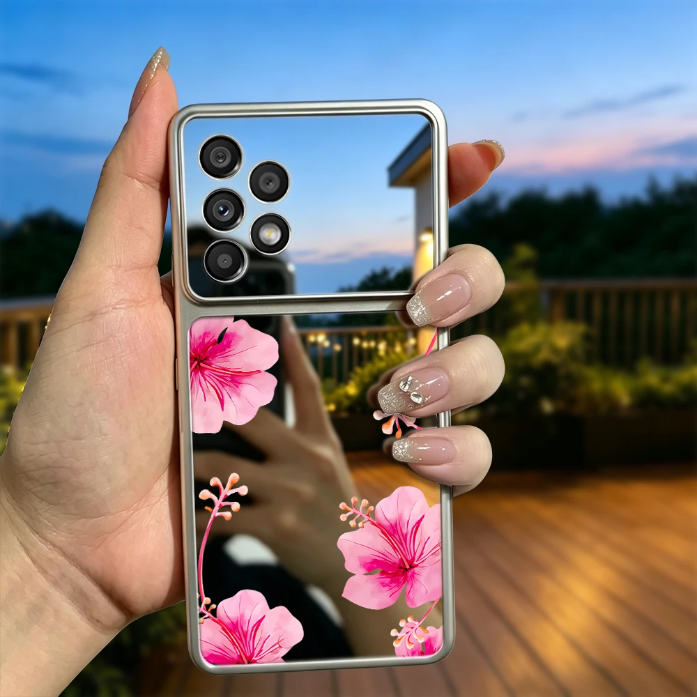 Pink Flower Mirror Phone Case For Samsung Galaxy A05 A06 A07 A13 A14 A15 A16 A17 A23 A24 A25 A26 A27 A33 A34 A35 A36 A37