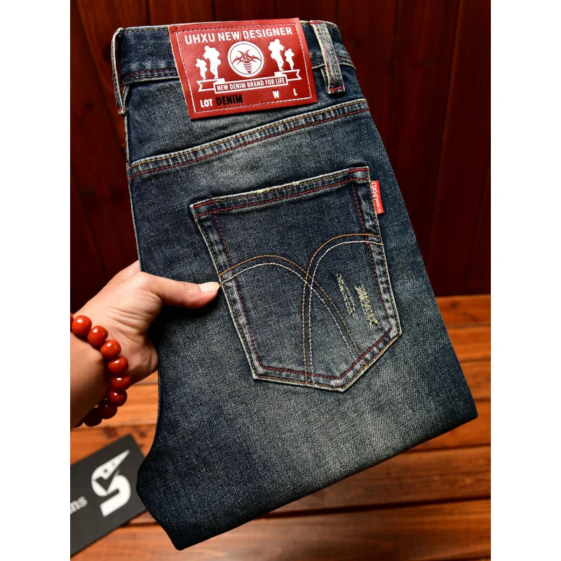 2025 autumn new denim jeans men's washed retro nostalgic trend Korean version slim fit small leg elastic pants